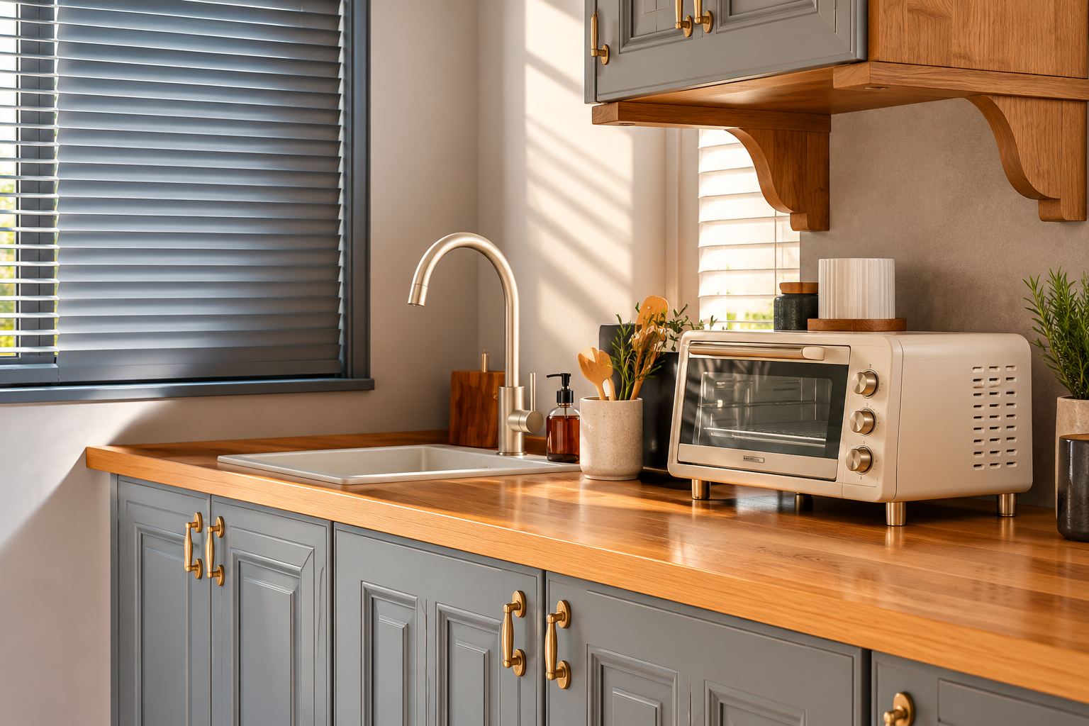 Cocina de diseño Art Déco con mobiliario, encimera de madera y detalles sofisticados