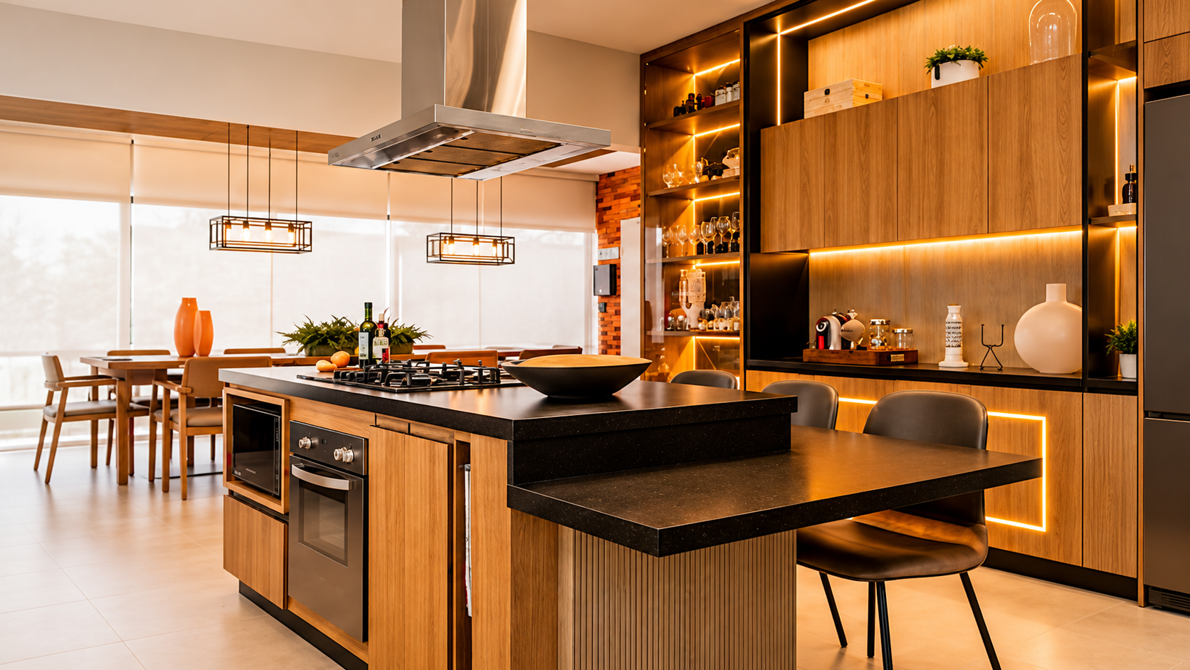 Cocina de estilo Farmhouse con madera natural, isla y detalles cálidos