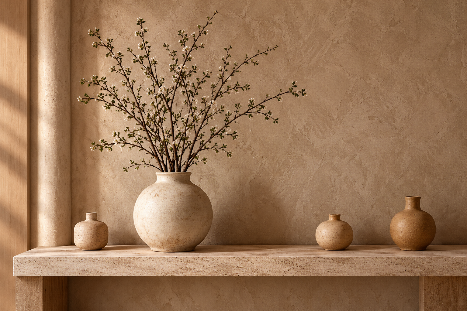 Composición Wabi-Sabi con jarrón orgánico, consola de piedra y texturas naturales